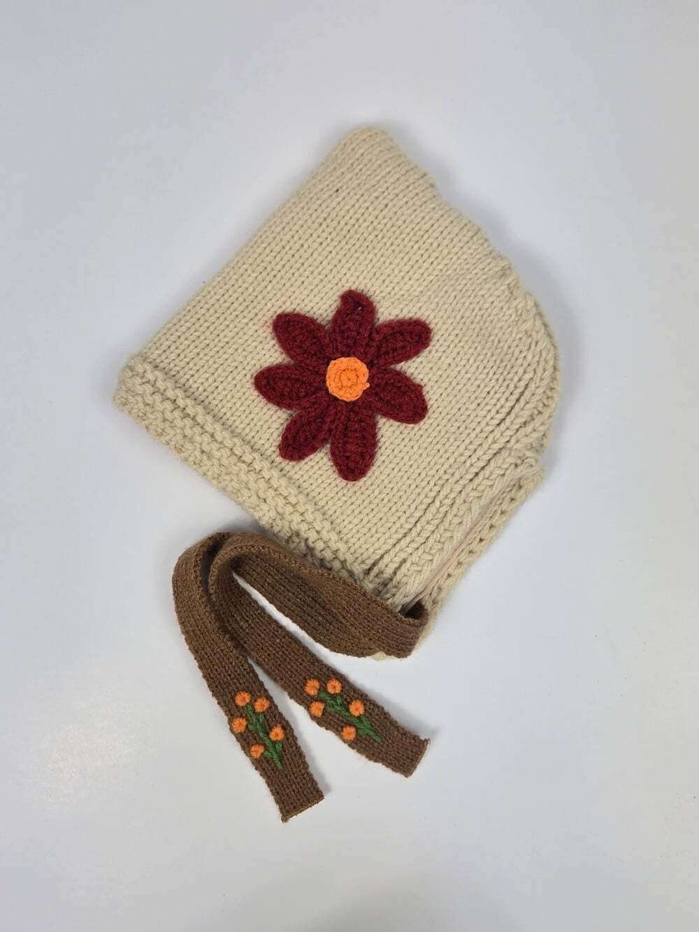 Baby Knit Bonnet Beanie 1-4Y Crochet Flower Cottagecore Prairie Hat